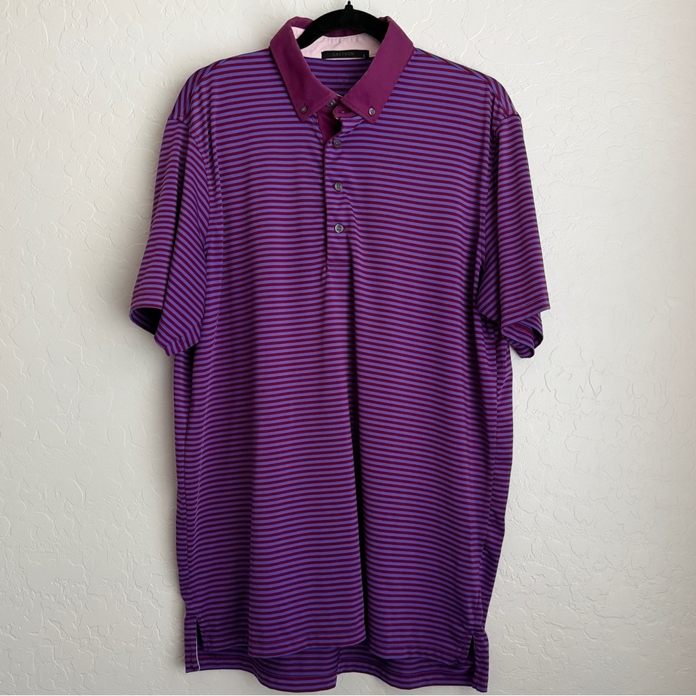 Greyson Men's Button Down‎ Golf Polo Shirt Striped Purple Pink Large